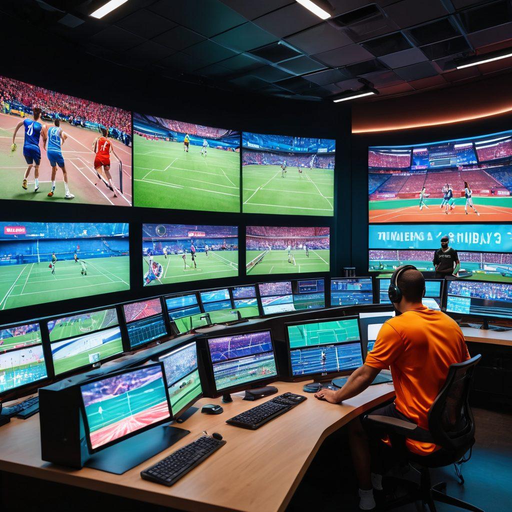 A dynamic sports broadcasting control room with multiple screens showing live sports from different channels (football, basketball, tennis, and more). Each screen should display vivid action scenes enhanced with vibrant colors. The background should represent a high-tech studio with modern equipment and energetic staff passionately working. super-realistic. vibrant colors. dynamic composition.