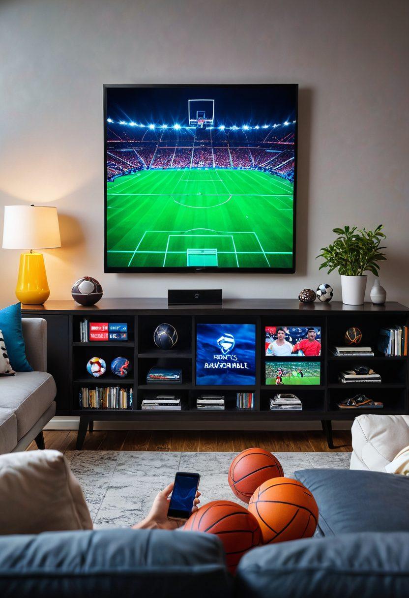 A dynamic scene of sports fans watching live games on various devices including a TV, smartphone, and tablet. Clear images of different sports such as soccer, basketball, and tennis being streamed in HD. Background showcasing a modern living room with a vibrant atmosphere. super-realistic. vibrant colors.