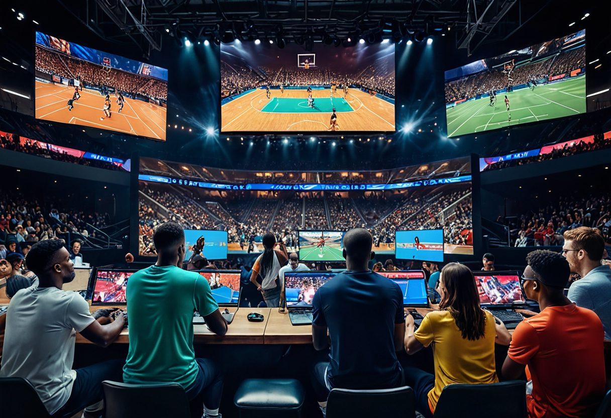 An immersive scene of a diverse group of people intensely watching live sports on various modern devices (smartphones, tablets, smart TVs, and laptops) in different unique settings. The backdrop features a dynamic collage of various sports like football, basketball, tennis, and esports, with vibrant energy and excitement. super-realistic. vibrant colors. dynamic composition.
